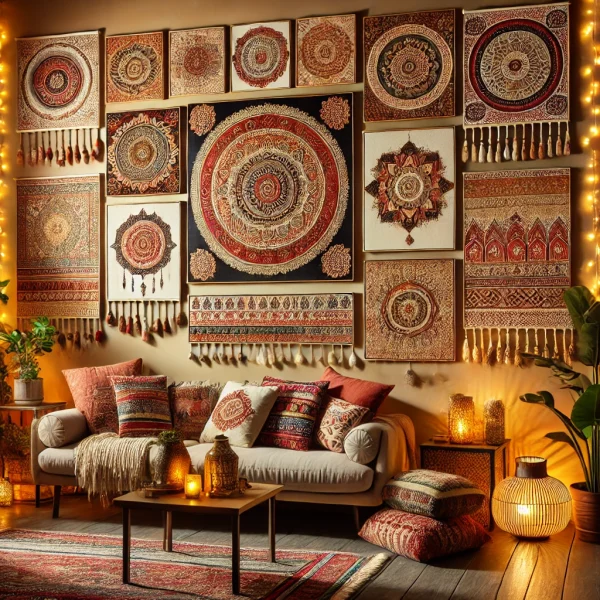 DALL·E 2024 10 09 13.35.41 A cozy living room during the festive season decorated with stunning wall hangings that include intricate patterns traditional Indian designs and v 1