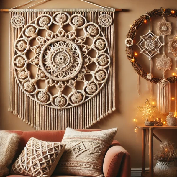 DALL·E 2024 10 09 13.40.21 A bohemian style macrame wall hanging with intricate knot patterns featuring neutral tones of beige and cream. The wall hanging is displayed against