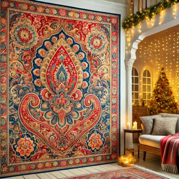 DALL·E 2024 10 09 13.40.23 A vibrant tapestry wall hanging in traditional Indian design with intricate patterns and rich colors like red gold and blue. The tapestry is decorat